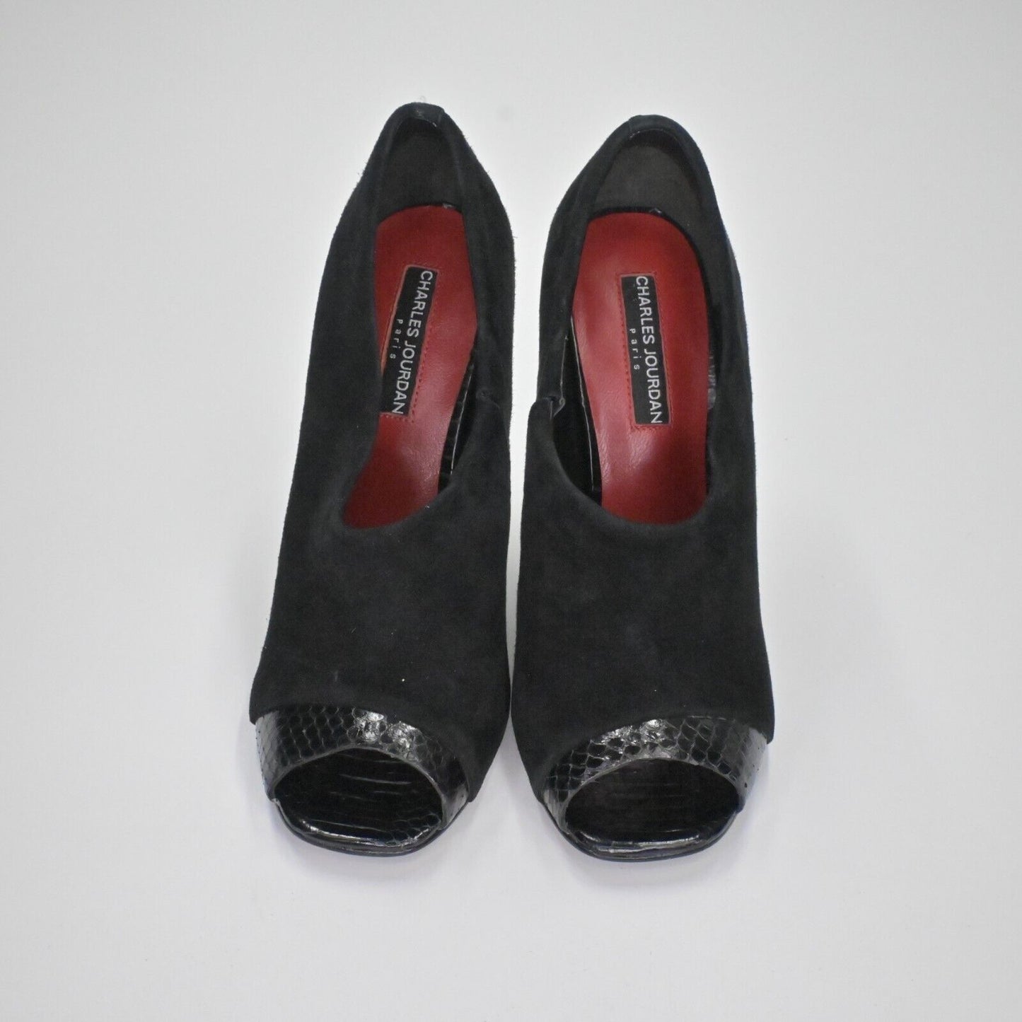Vtg CHARLES JOURDAN Heels Womens Size 8 Black Suede Snakeskin Embossed Peep Toe