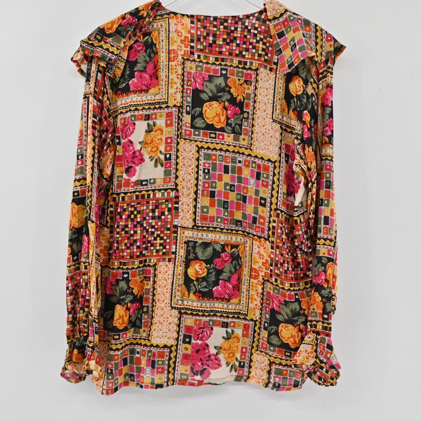 Vtg GITANO Top Womens Size S Patchwork Ruffle Long Sleeve Multicolor Blouse