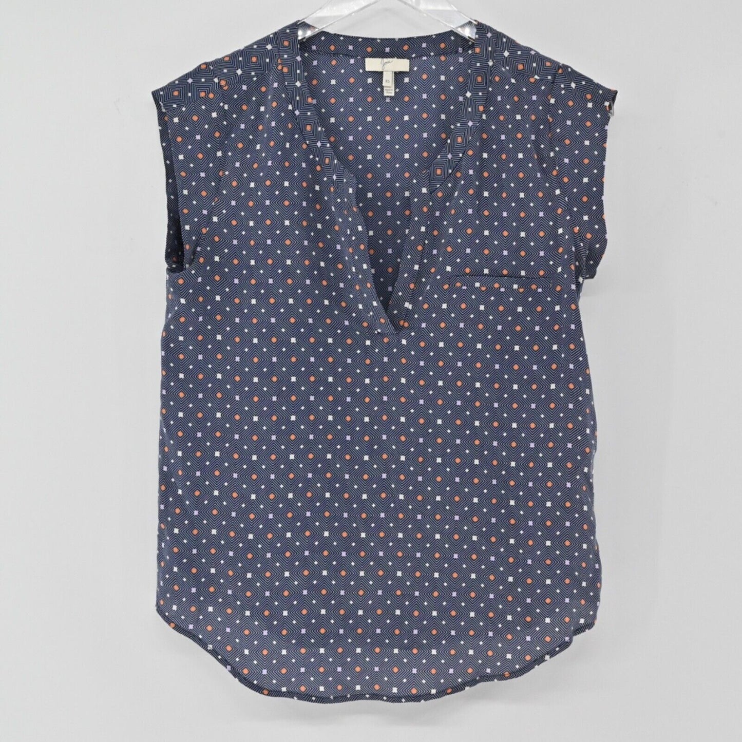 JOIE Top Womens Size XS Blue Geometric Print 100% Silk Ryanna Cap Sleeve VNeck