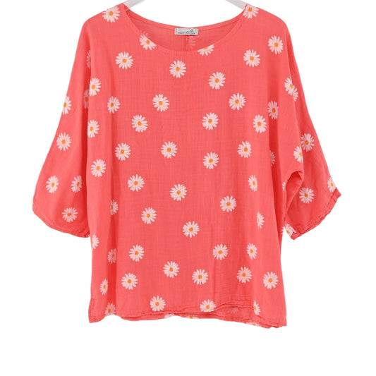 Italian Made Top Womens Size XXL Linen Daisy Flower Print Woven Relaxed Fit Fur
