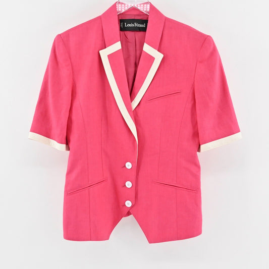 Vtg LOUIS FERAUD Blazer Womens Size 8 Pink White Trim Linen Short Sleeve Jacket