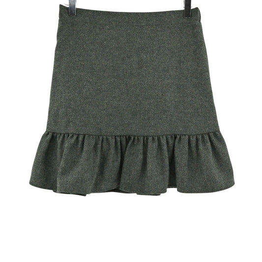 ANN MASHBURN Skirt Womens Size S Wool Ruffle Green Black Herringbone Mini