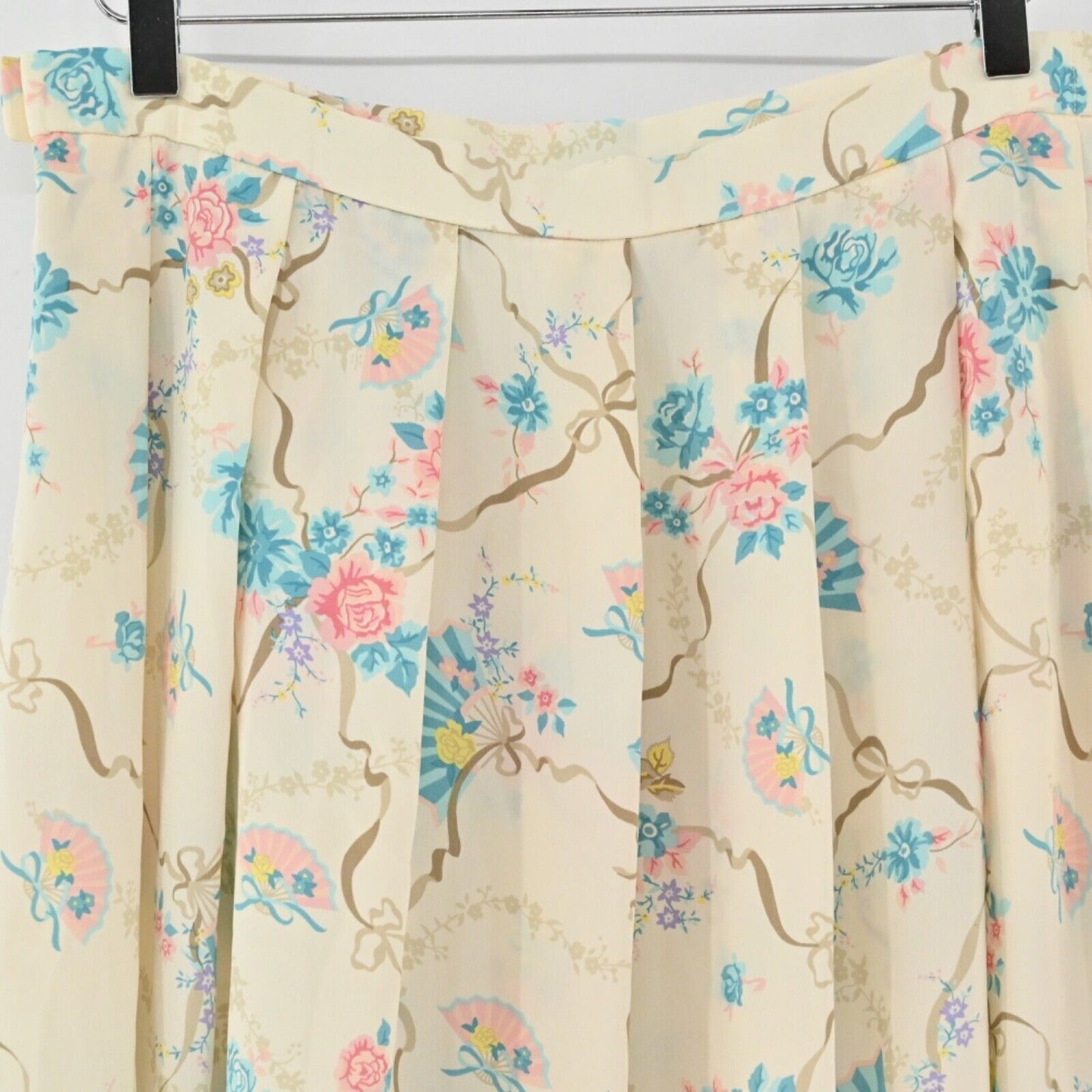 Vtg KORET CAREER Skirt Womens Sz S Ivory Floral Fans Bows Pleated Midi Retro 80s