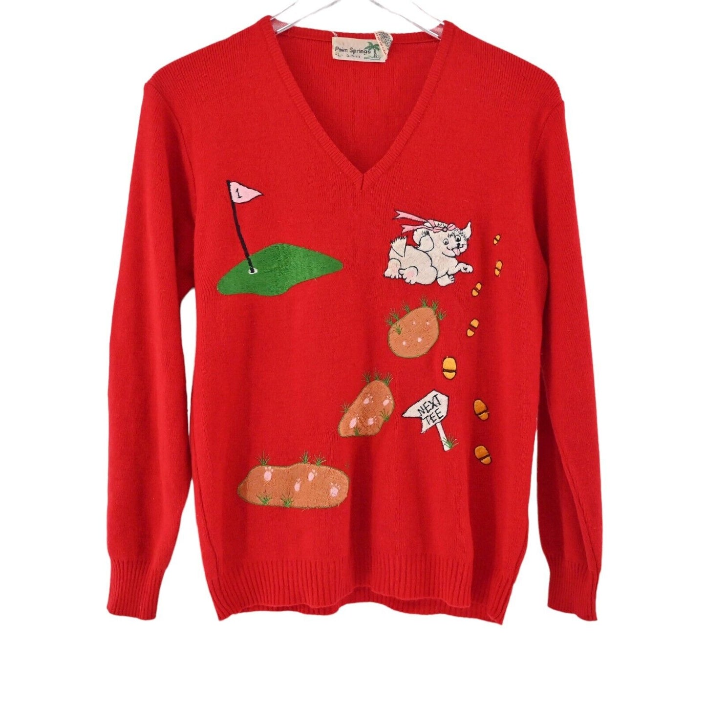 Vtg PALM SPRINGS Novelty Golf Sweater Womens Size L Red Embroidered V Neck 80s