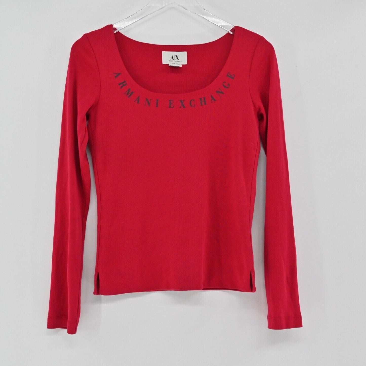 Vtg ARMANI EXCHANGE Top Womens Size M Red Long Sleeve Spellout Cotton Holiday