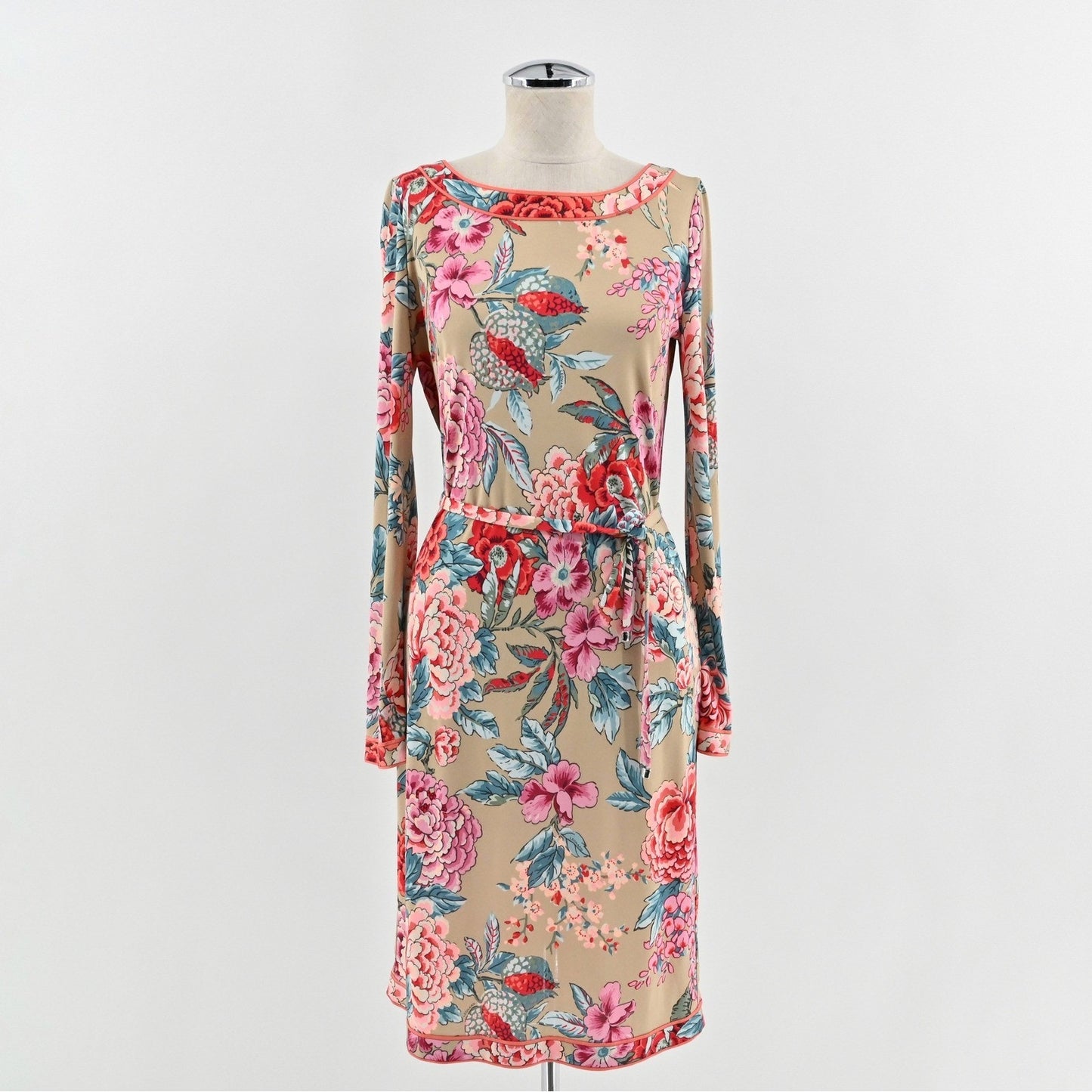 Leonard Paris Floral Print Silk Dress Size 38 Belted Long Sleeve Luxury Dopamine