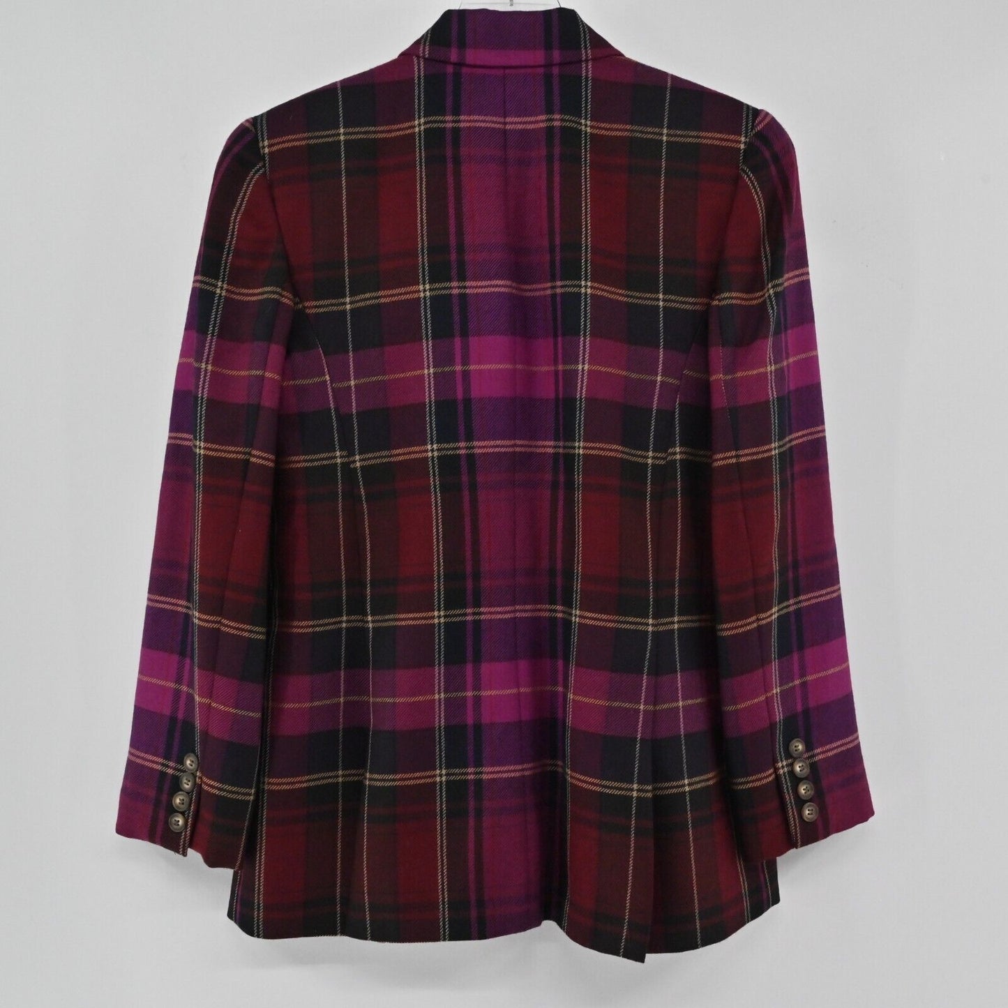 Vtg ELLEN TRACY Blazer Womens Size 10 Purple Plaid 100% Wool Single Breasted 90s