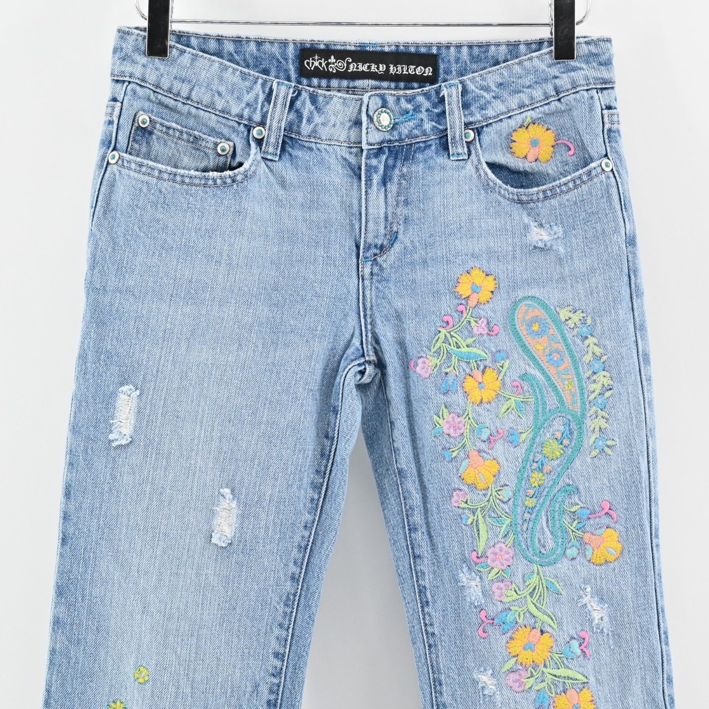 Vtg Embroidered Jeans Sz 5 Low Rise Flare Distressed Y2k Floral Paisley Festival