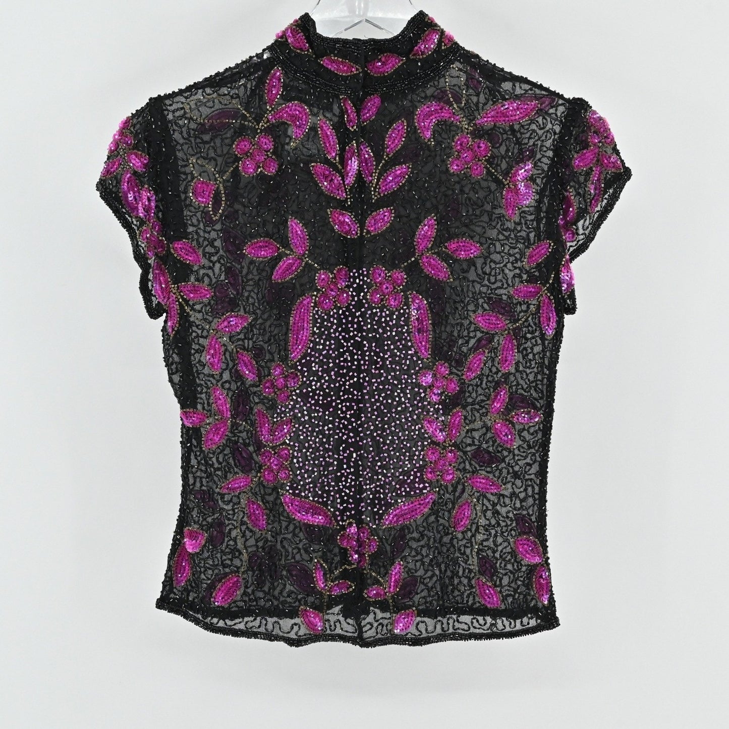 Vtg 80s Papell Boutique Silk Beaded Top Size S Black Pink Sequined Retro Glam