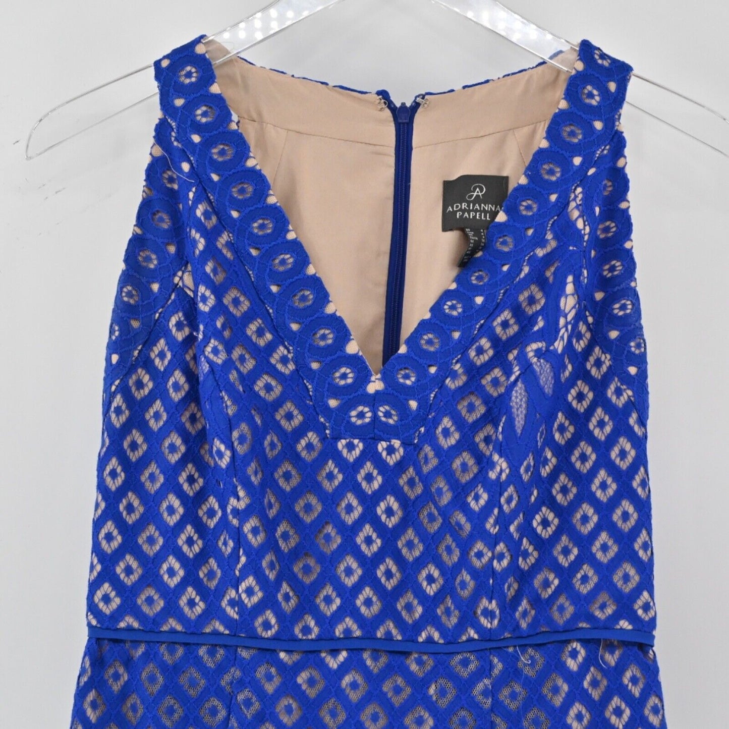ADRIANNA PAPELL Dress Womens Sz 4 Blue Floral Lace Cocktail Mini Fit Flare Pleat