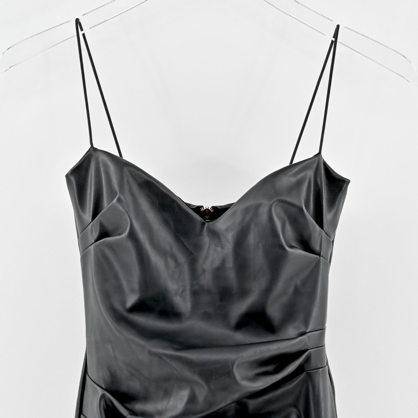 Nookie Rhea Black Faux Leather Mini Dress Size XS Sleeveless Ruched Bodycon