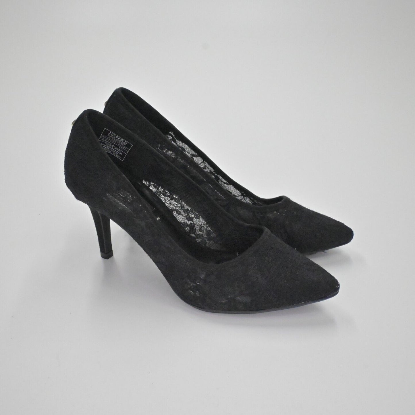 Vtg JONES NEW YORK Womens Sz 5.5 Black Floral Lace Pointed Toe Berdina Stiletto