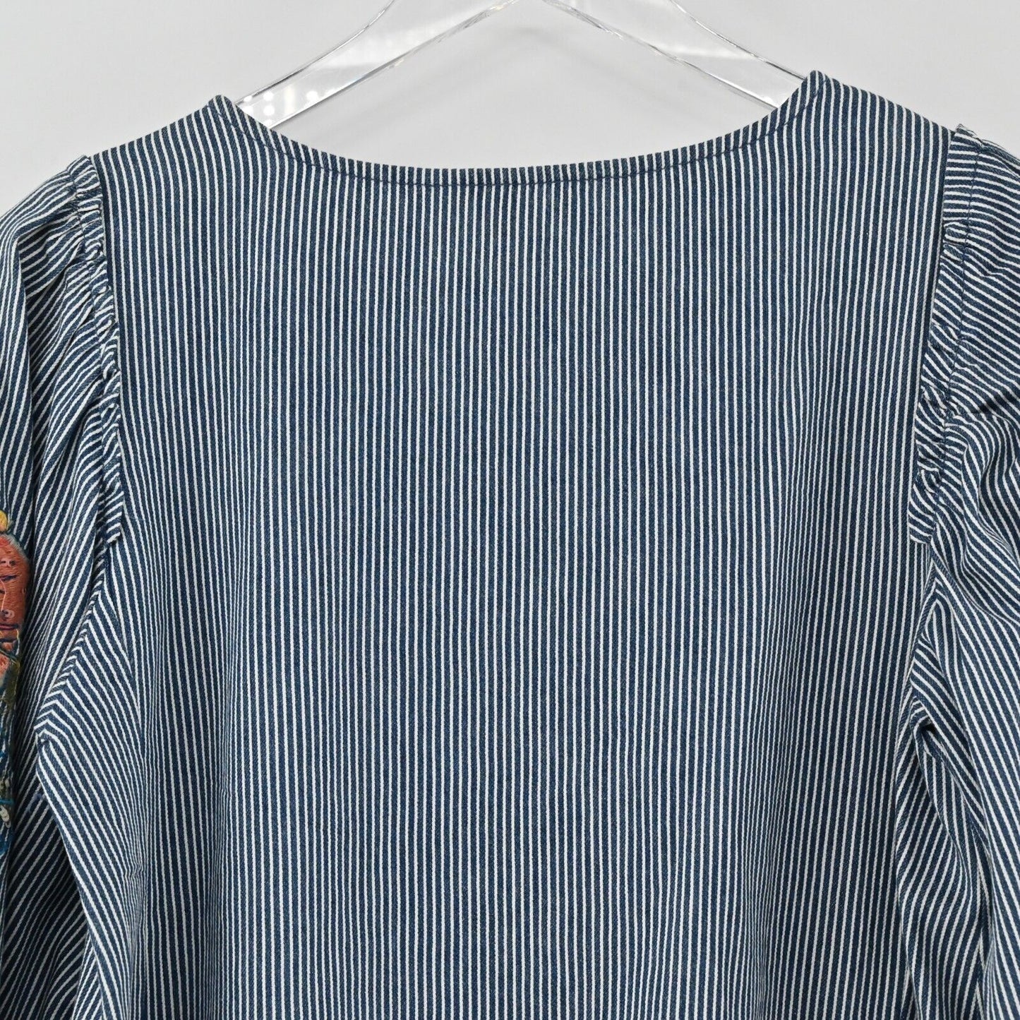 ZARA Top Womens Size XS Blouse Floral Embroidered Stripe Balloon Sleeve Denim