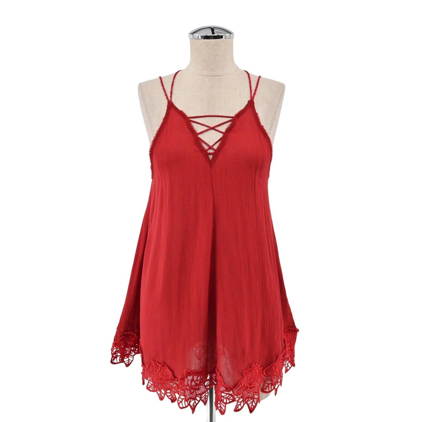 FREE PEOPLE Dress Womens Size XS Wicked Spell Brick Red Strappy Floral Lace Boho