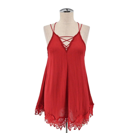 FREE PEOPLE Dress Womens Size XS Wicked Spell Brick Red Strappy Floral Lace Boho