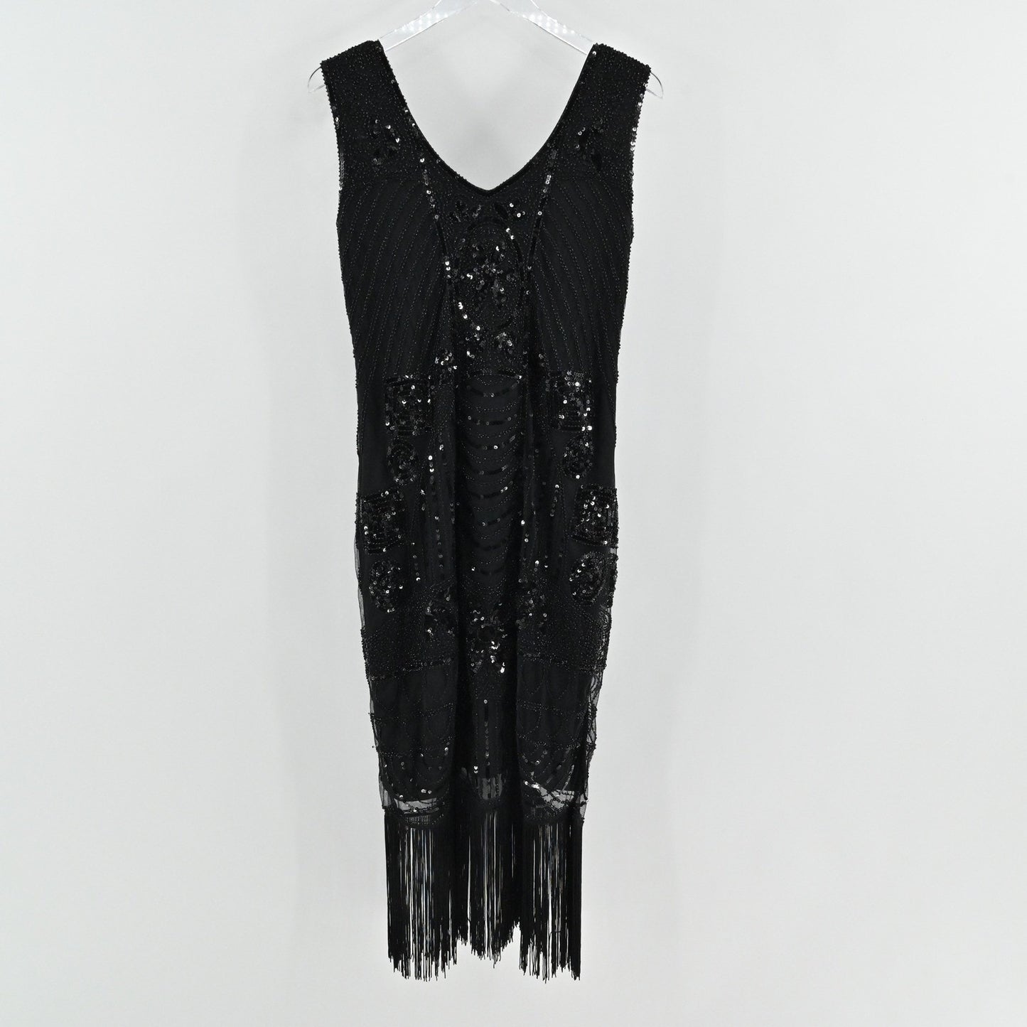 PrettyGuide Sequin Fringe Cocktail Midi Dress Size L Gatsby Glam Flapper Black
