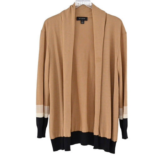 ST JOHN Cardigan Womens Sz 10 Tan Black Colorblock Stripe Wool Blend Open Front