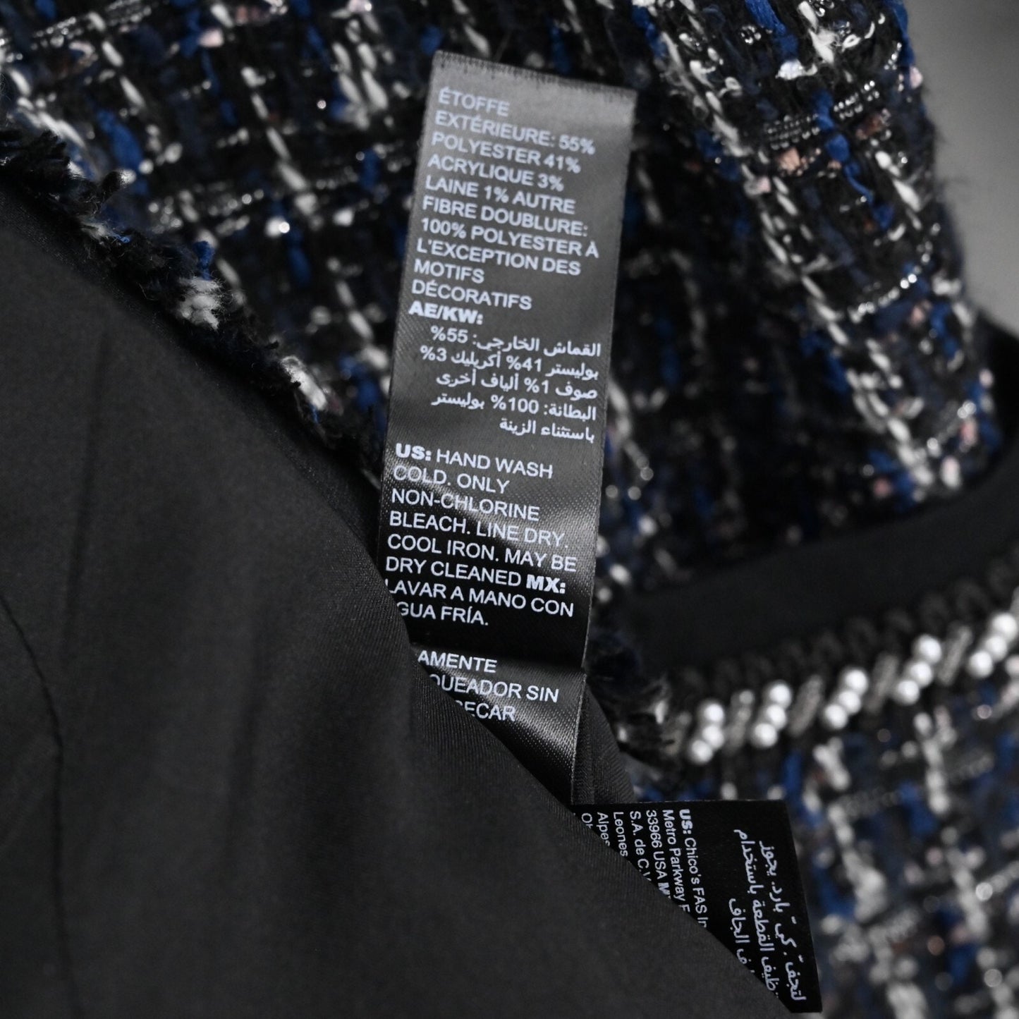 WHBM Blazer Womens Size S Tweed Navy Black Beaded Pearl Jacket Retro Glam Office