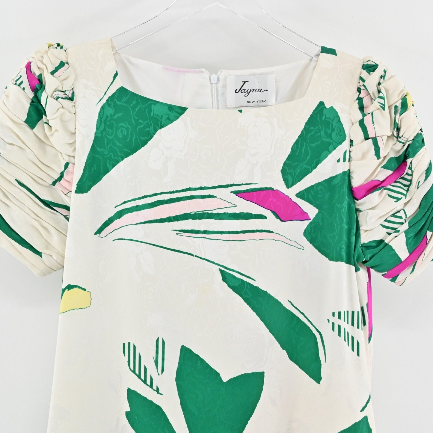 Vtg Cocktail Dress Sz L White Floral Silk Puff Sleeve Ruched Square JAYNA 80s