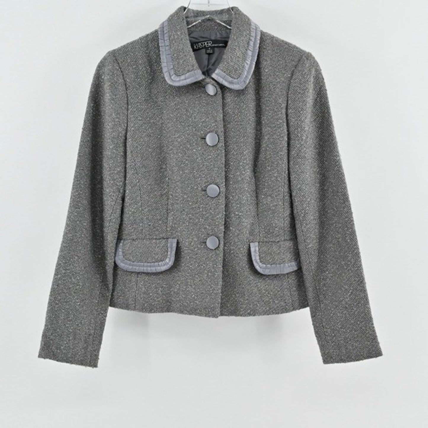 Vtg Kasper Womens Tweed Blazer Size 6 Gray Wool Metallic Career Business Jacket