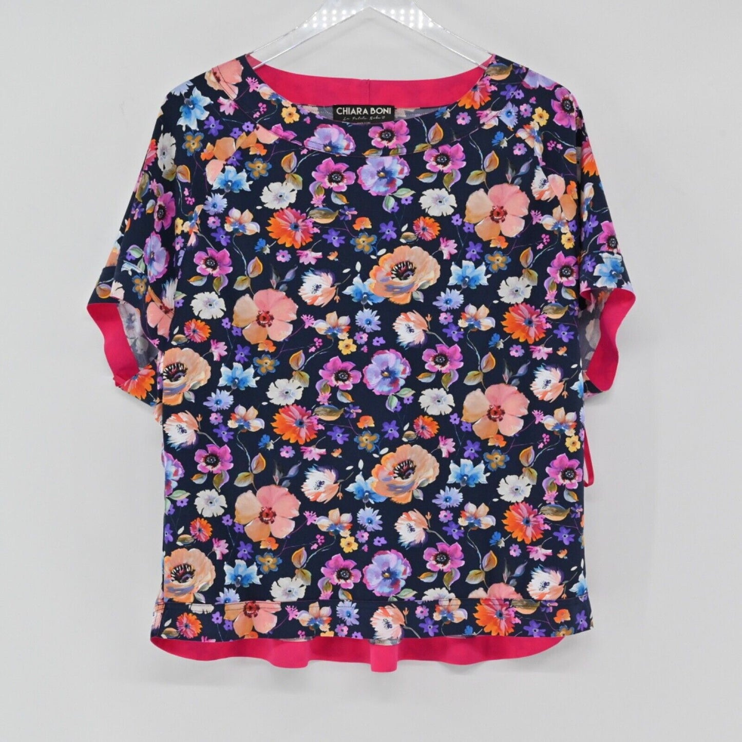 CHIARA BONI Top Womens Size M Navy Blue Floral Dolman Short Sleeve Preppy Boho