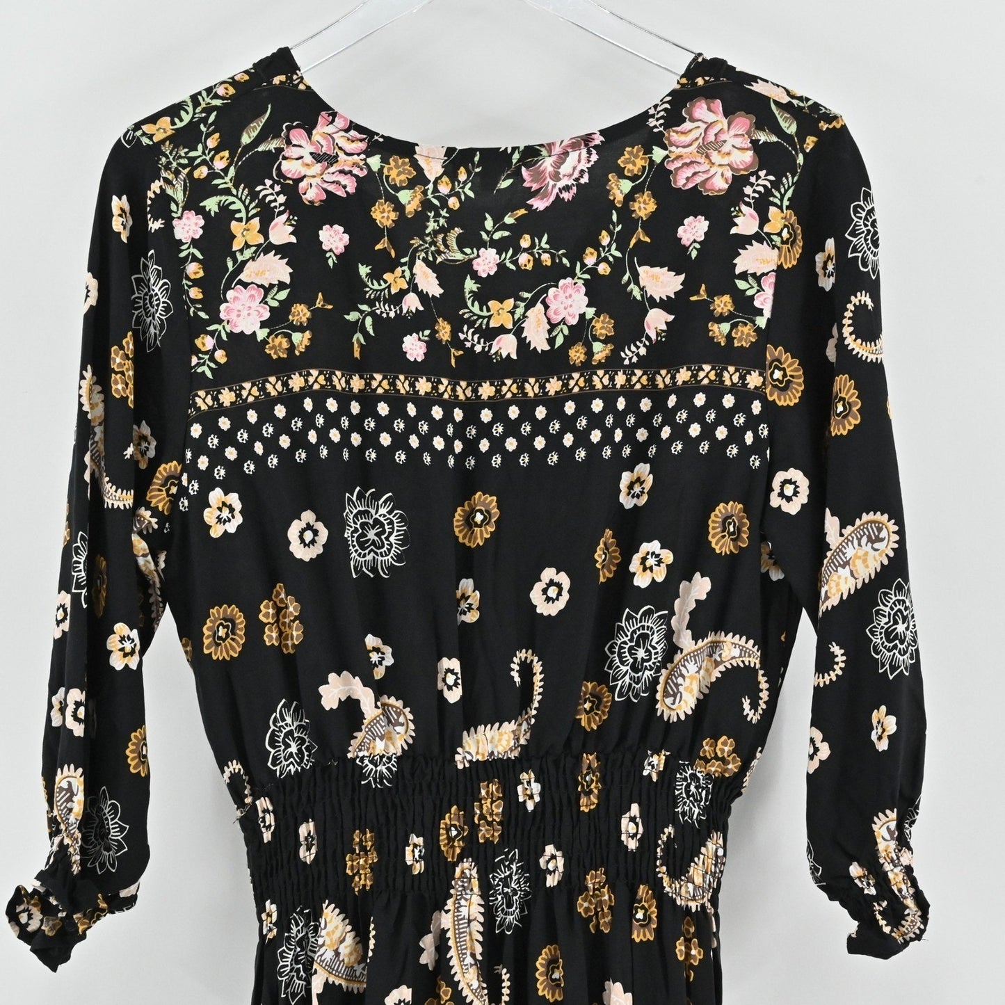 Anthropologie Kindred Floral Paisley Dress Size L Bohemian Smocked Waist Black