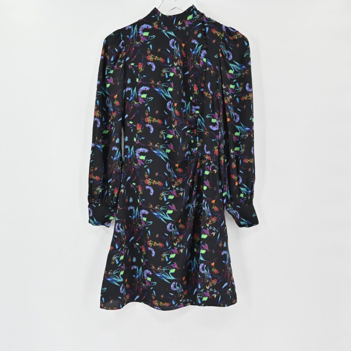 TANYA TAYLOR Dress Size 0 Clarisse Mini Black Floral Silk High Neck Long Sleeve