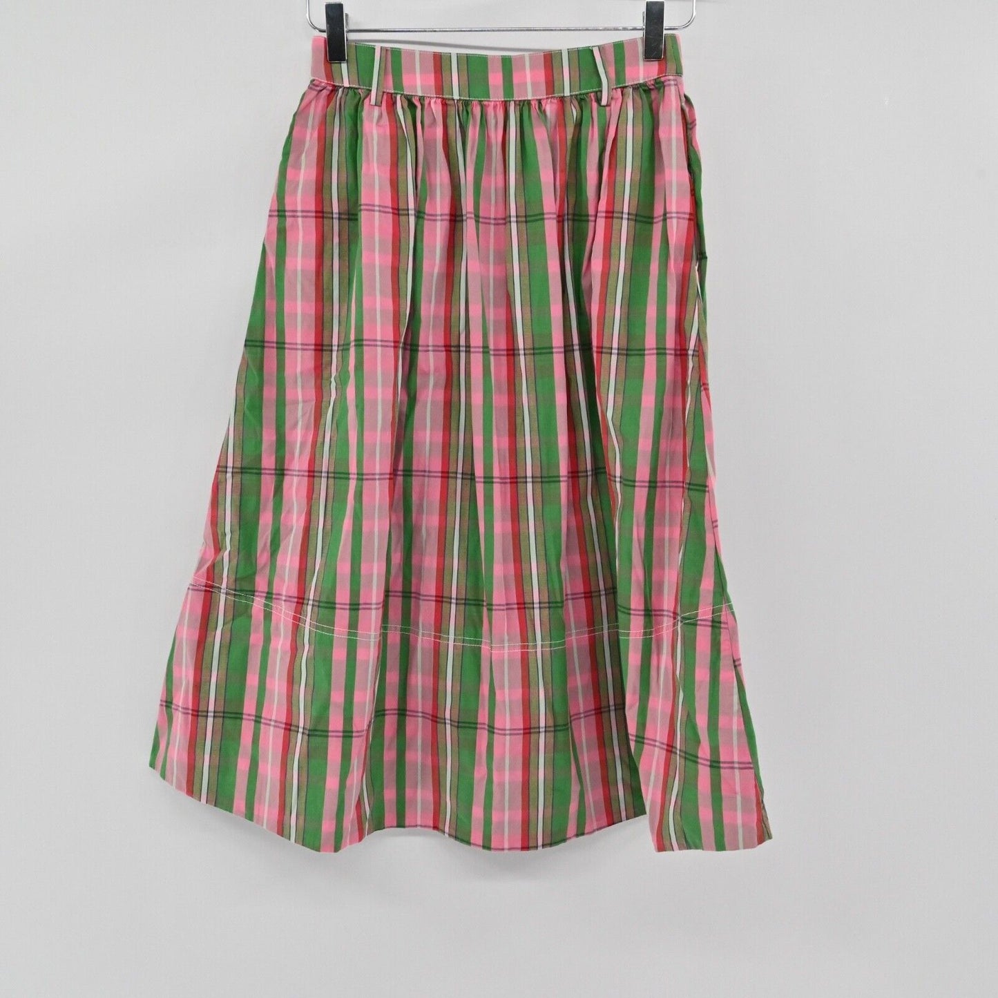 J CREW Skirt Sz 00 Pink Green Plaid Organic Cotton Blend Button Front Midi Retro