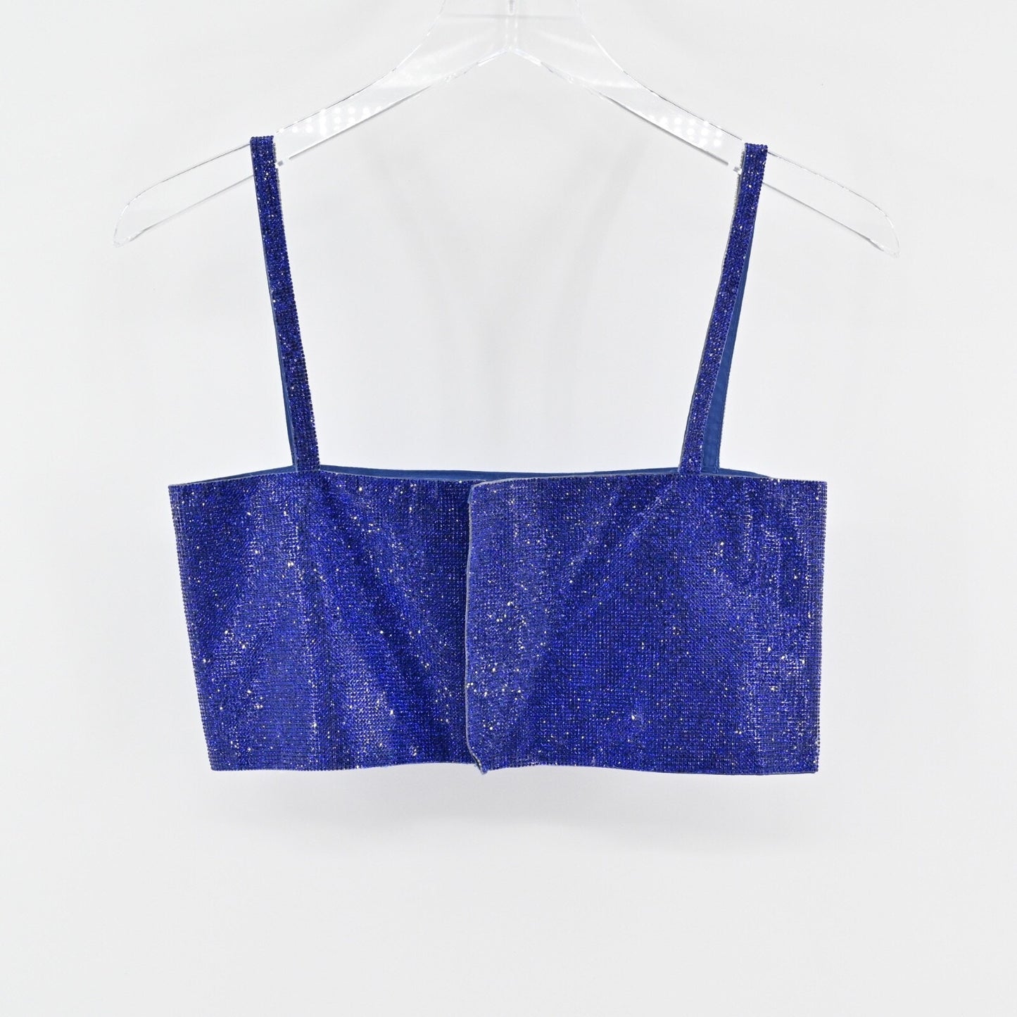 12TH TRIBE Womens Rhinestone Top Sz S Blue Square Neck Spaghetti Strap Crop Glam