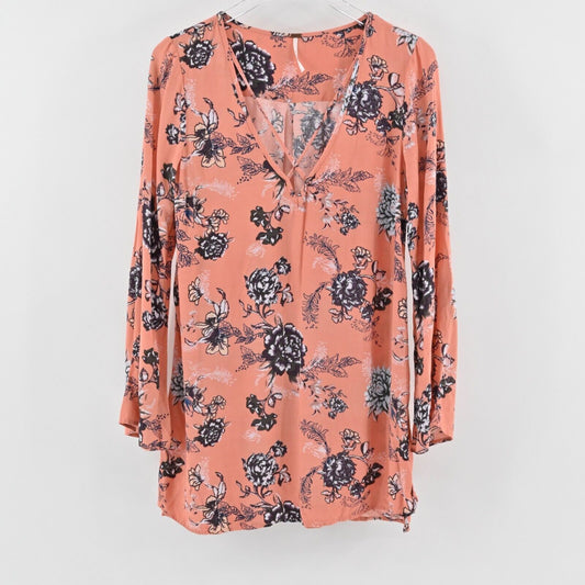 FREE PEOPLE Top Womens Size S VNeck Orange Floral Print Relaxed Tunic Boho Roses