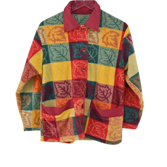 Vintage Fleece Jacket Womens Size M Multicolor Fall Leaf Check Print Button Up