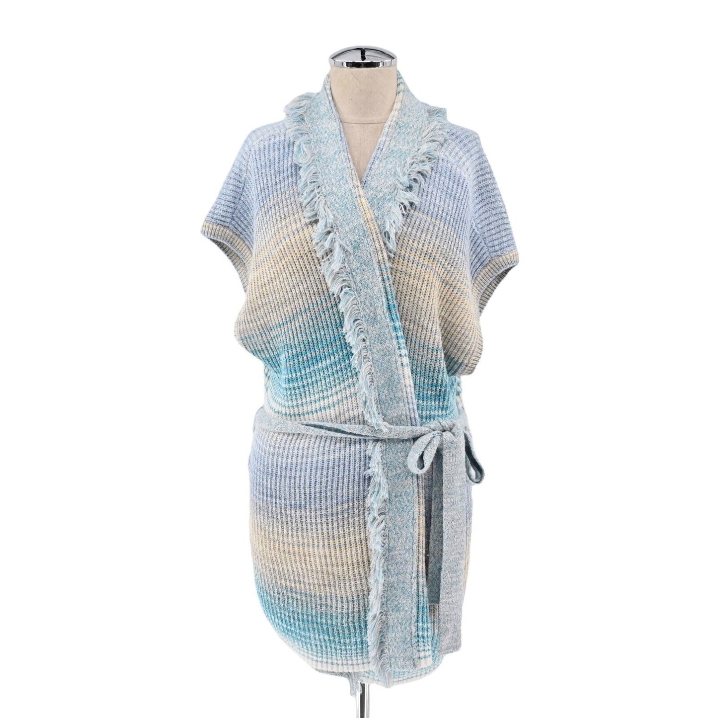 INTERMIX Sweater Womens Size M Drop Shoulder Knit Fringe Cardigan Tie Blue Multi