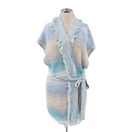 INTERMIX Sweater Womens Size M Drop Shoulder Knit Fringe Cardigan Tie Blue Multi