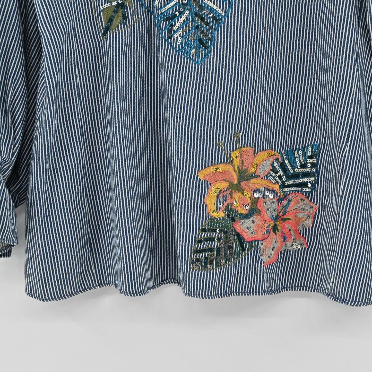 ZARA Top Womens Size XS Blouse Floral Embroidered Stripe Balloon Sleeve Denim