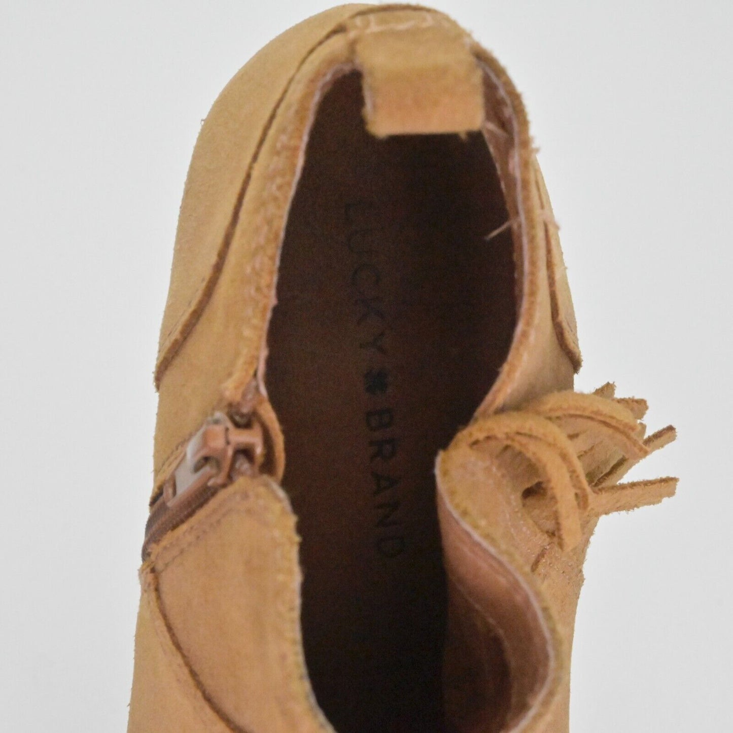 LUCKY BRAND Booties Womens Sz 6.5 Banji Ankle Fringe Stacked Heel Chestnut Brown