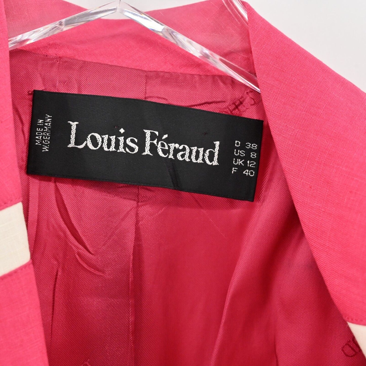 Vtg LOUIS FERAUD Blazer Womens Size 8 Pink White Trim Linen Short Sleeve Jacket