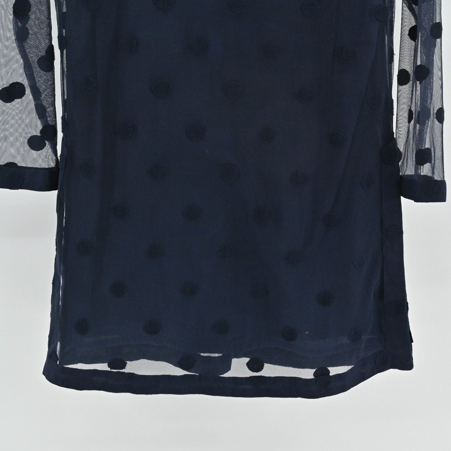 Gretchen Scott Womens Tunic Top Size S Navy Blue Polka Dot Mesh Overlay Delicate