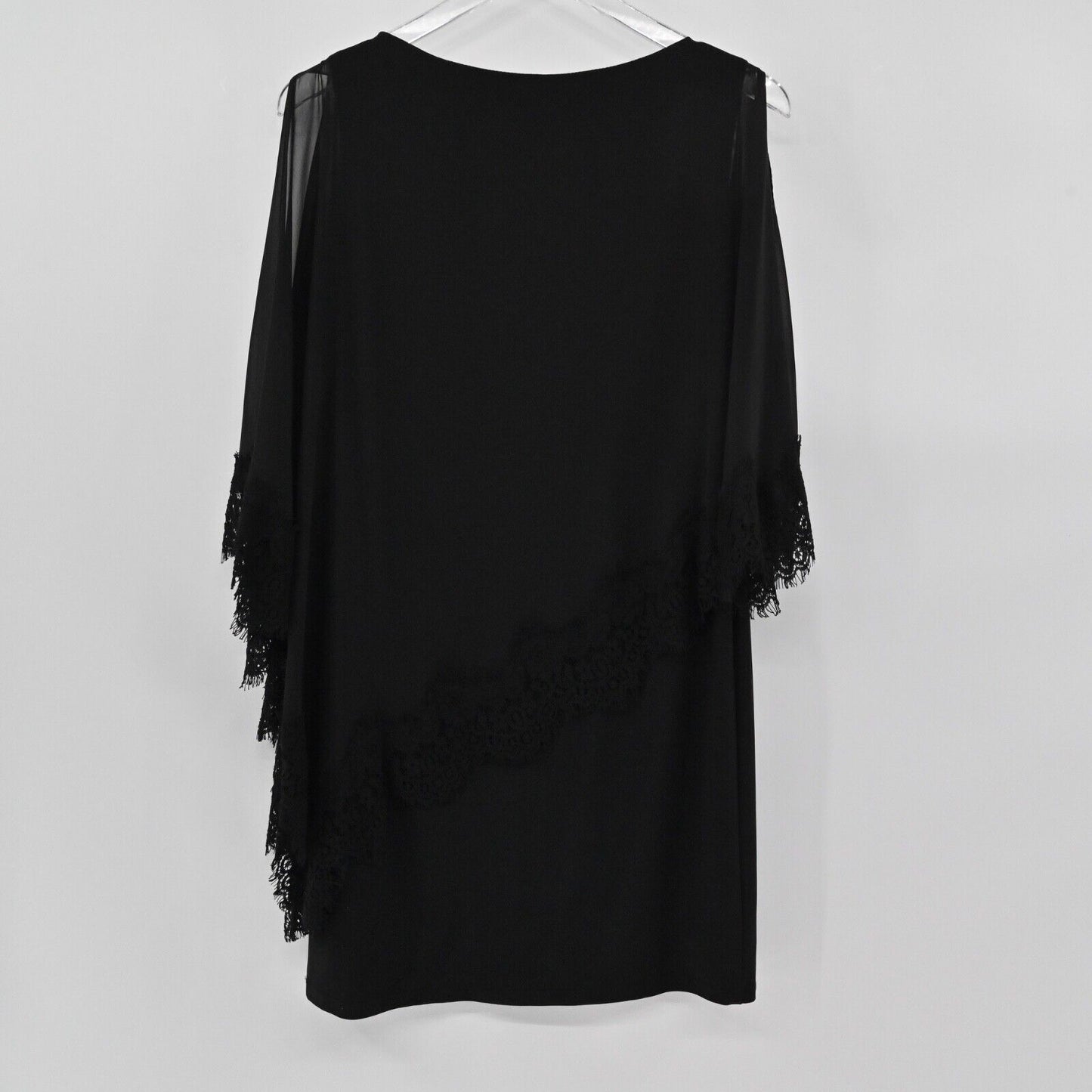 XSCAPE Dress Women Sz 4 Black Lace Trim Chiffon Cold Shoulder Shawl Style Sheath