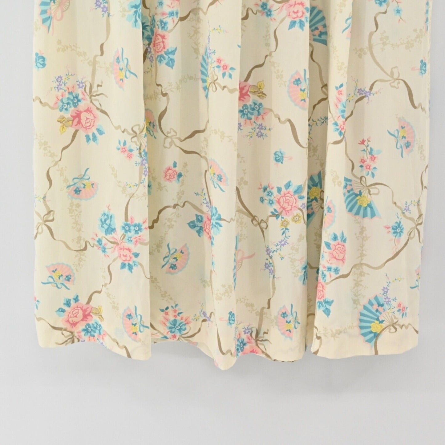 Vtg KORET CAREER Skirt Womens Sz S Ivory Floral Fans Bows Pleated Midi Retro 80s