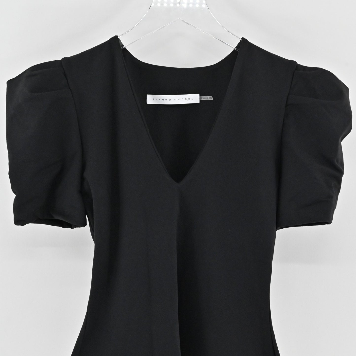 Susana Monaco Womens Pleated Puff SleeveTop Size XS Fitted Black Deep V Blouse