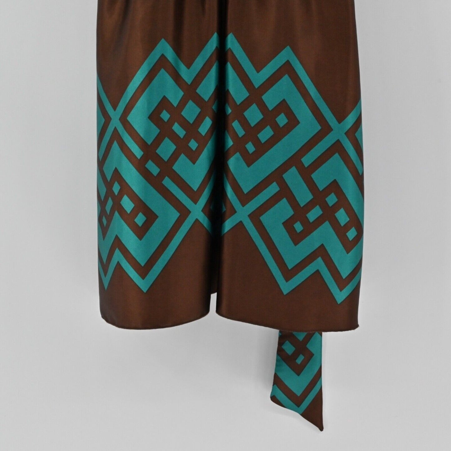 Vtg JANICE Dress Womens Sz S Brown Teal Geometric Satin Jeweled Empire Waist Y2k