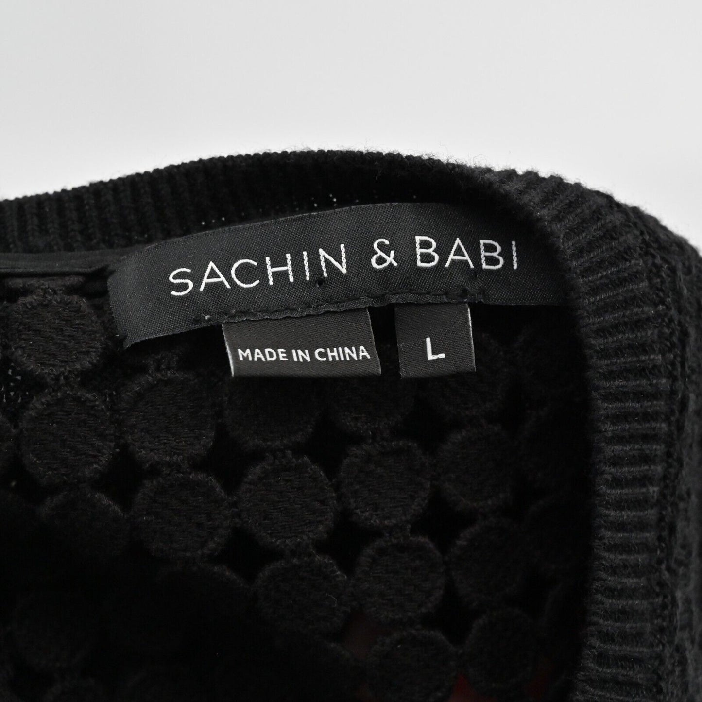 SACHIN BABI Top Womens Size Large Black Knit Split Back Dotted Mesh Layer Trim