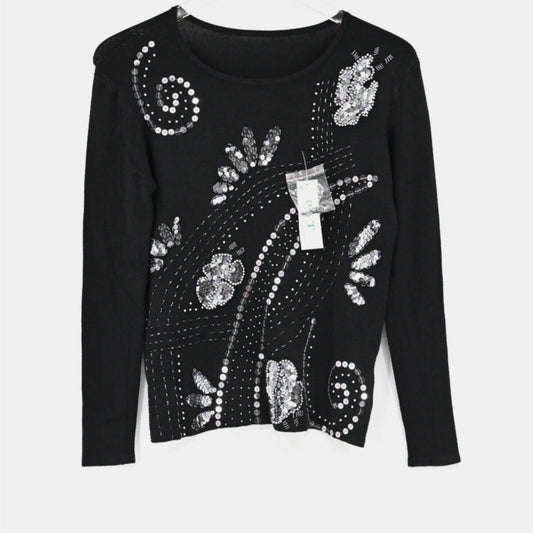 Vtg Y2k Sequin Floral Sweater Womens Size XS Black Knit Beaded Hippie Dead Stock