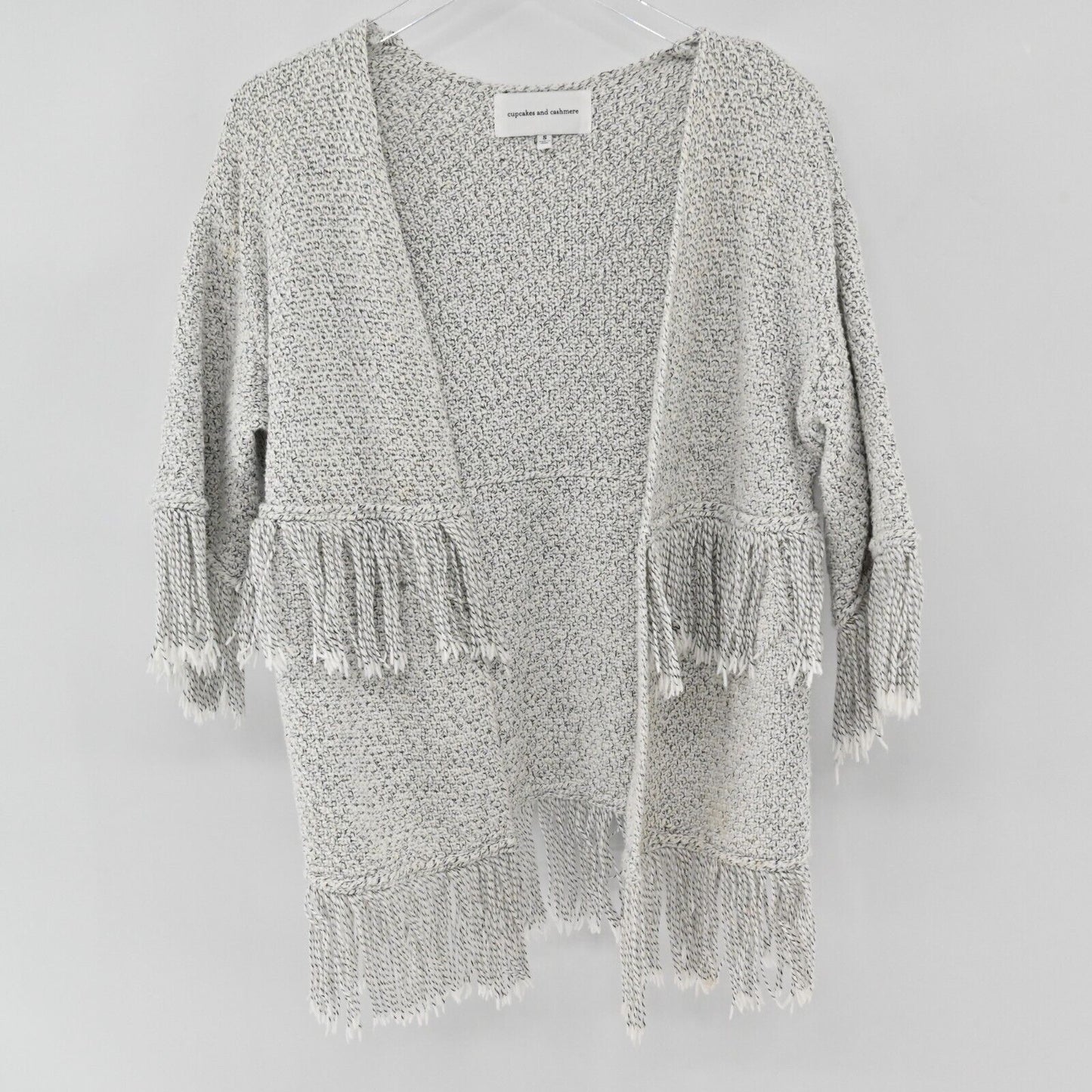 CUPCAKES CASHMERE Sweater Womens Sz S Calypso Fringe Knit Open Cardigan Boho