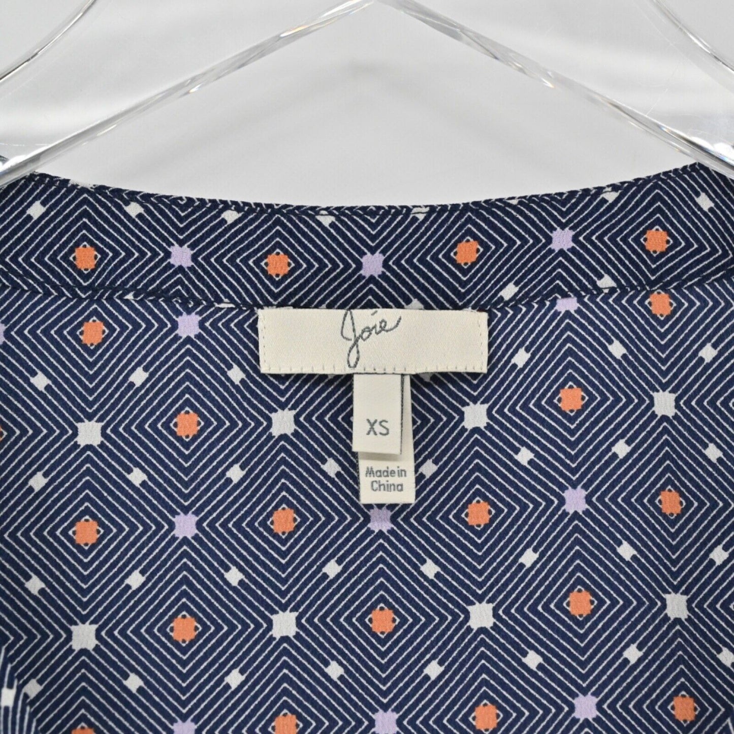 JOIE Top Womens Size XS Blue Geometric Print 100% Silk Ryanna Cap Sleeve VNeck