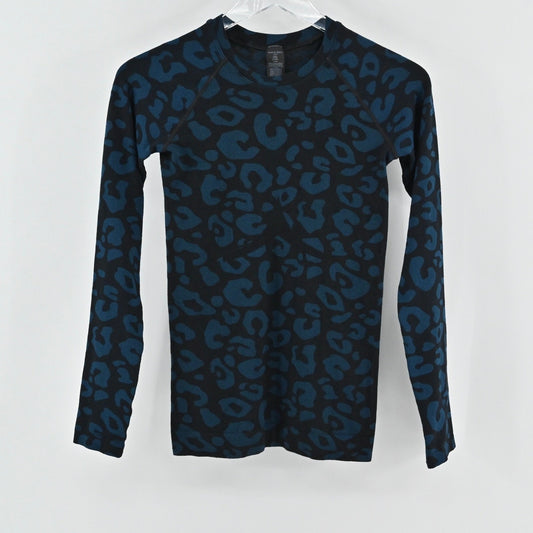 SWEATY BETTY Glisten Seamless Long Sleeve Top Size XS Blue Black Animal Athletic