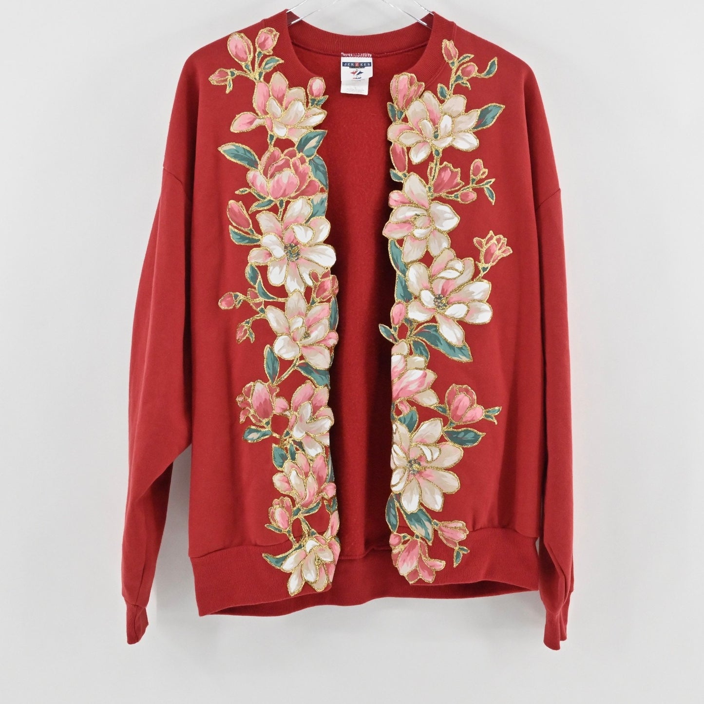 Jerzees Womens Puff Paint Sweatshirt Size XL Grandmacore Red Maglolias Cardigan