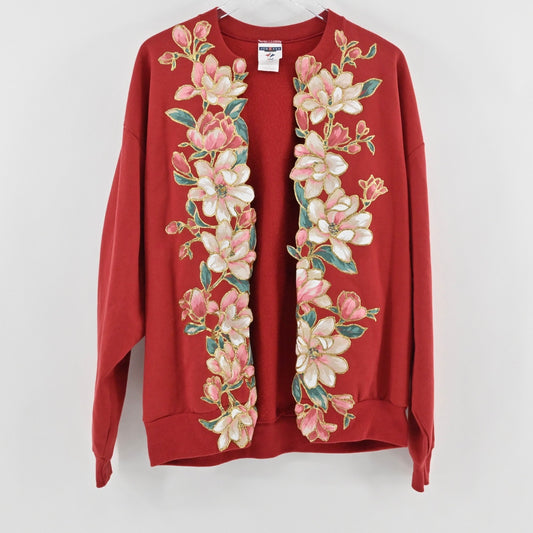 Jerzees Womens Puff Paint Sweatshirt Size XL Grandmacore Red Maglolias Cardigan