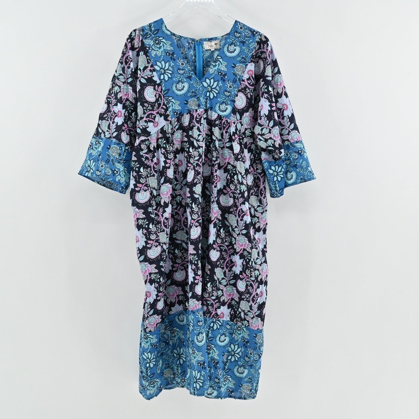 Millie Resort Travel Floral Dress Size L Blue Paisley Bohemian Cotton India Boho
