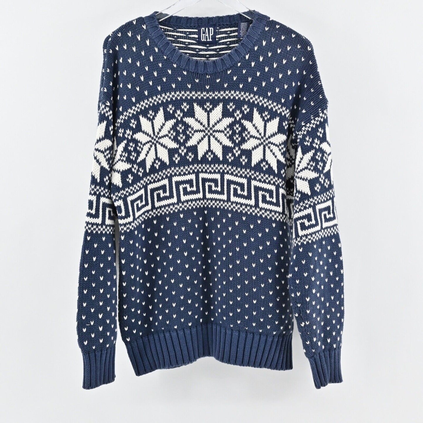 Vtg GAP Sweater Womens Sz L Blue Fair Isle 100% Cotton Chunky Knit Crew Neck 80s